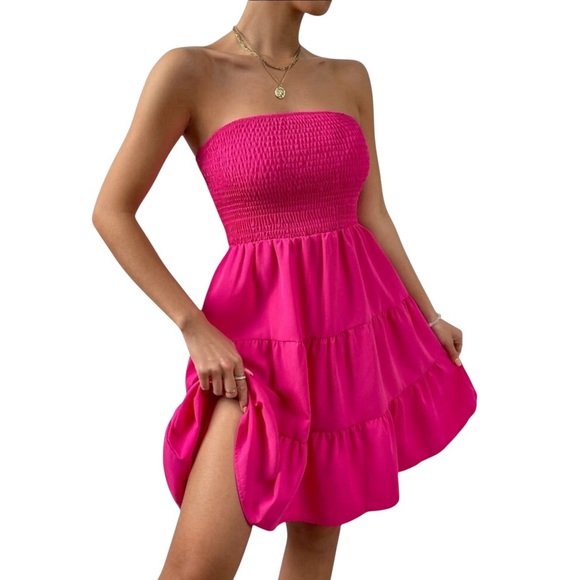 SHEIN Pink Smocked Tiered Mini Sundress Small - Picture 4 of 13
